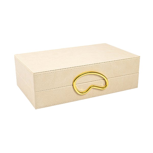 74704 - Caixa Decorativa em Madeira e PU Bege com Detalhe Dourado P