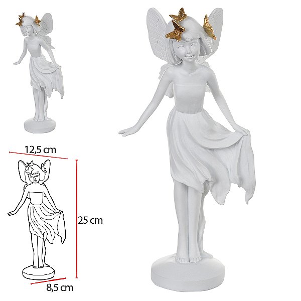 ESCULTURA DECOR POLIRESINA FADA (BRANCO DOURADO) 25X12,5X8,5cm