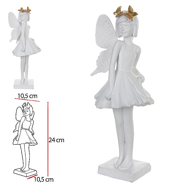 ESCULTURA DECOR POLIRESINA FADA (BRANCO DOURADO) 24X10,5X10,5cm