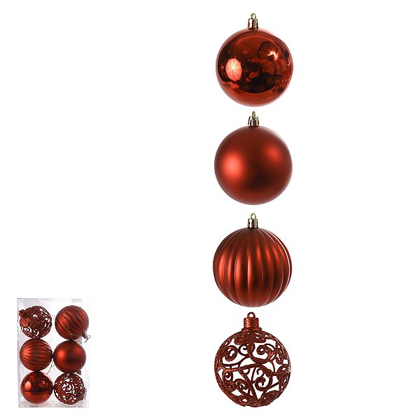 Bola Decorada de Natal em PVC – Vermelho – Kit com 6 unidades – 8 cm