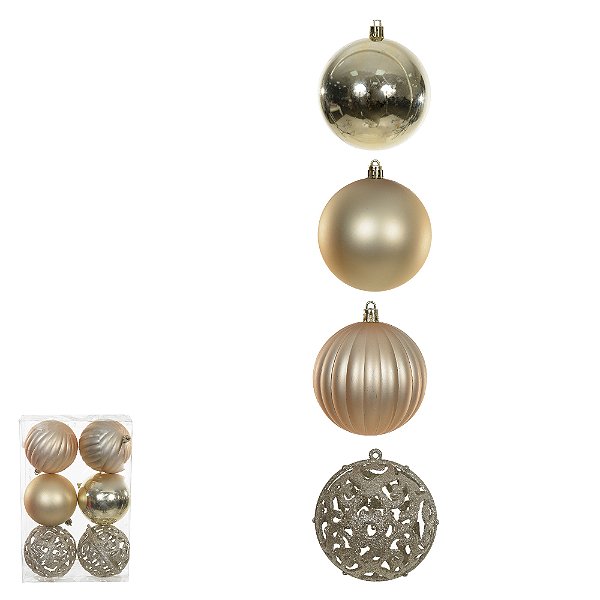 Bola Decorada de Natal em PVC – Champanhe – Kit com 6 unidades – 8 cm