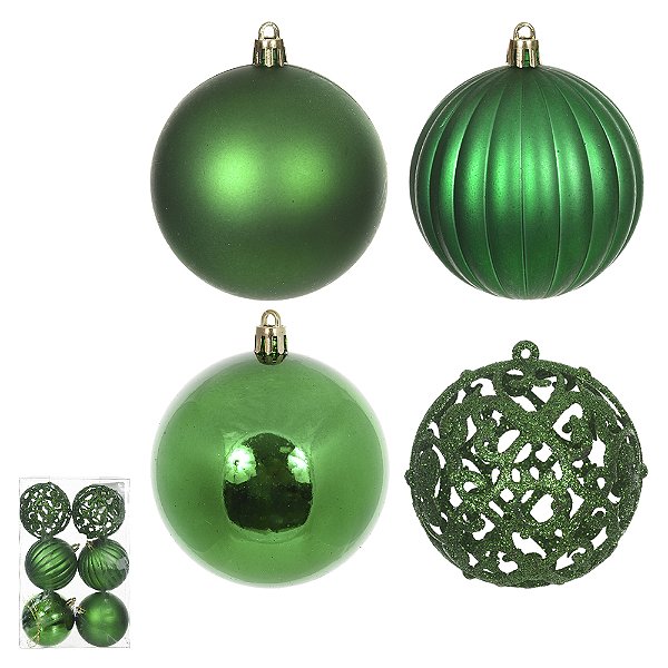 Bola Decorada de Natal em PVC – Verde Escuro – Kit com 6 unidades – 8 cm