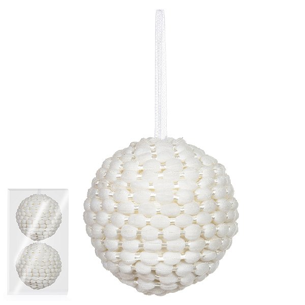 Bola Decorada de Natal em PVC – Branco – Kit com 2 unidades – 10 cm