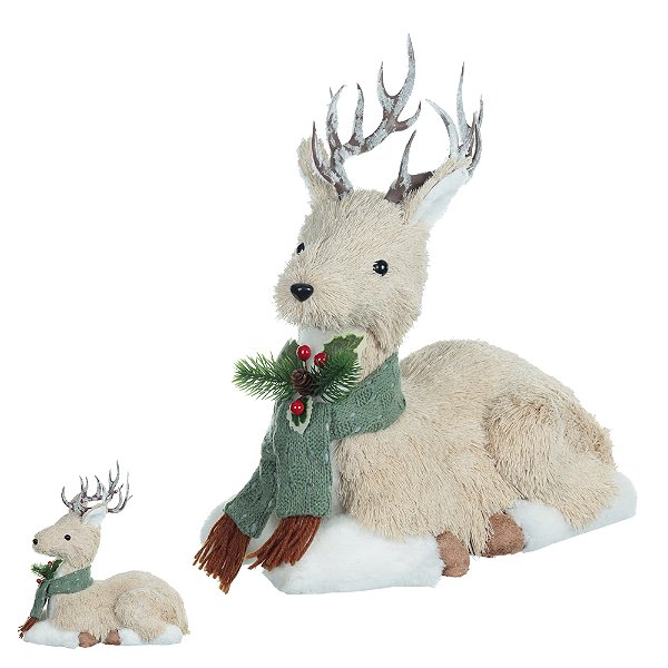 Rena Natal Sentada em PE com acabamento em Sisal – Verde Bege – 34 x 18 cm