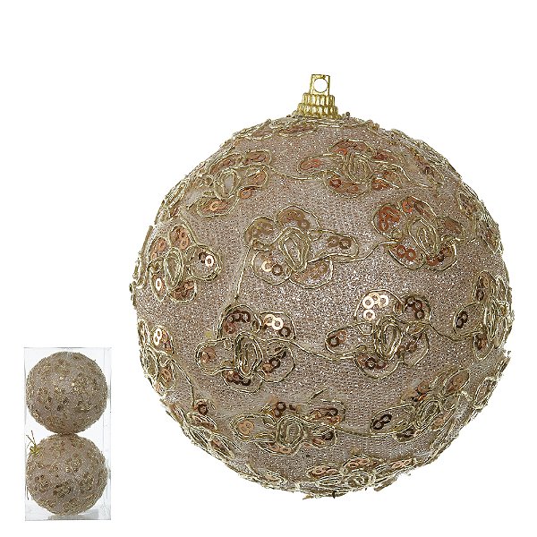 Bola Decorada de Natal em PVC – Champanhe – Kit com 2 unidades – 10 cm