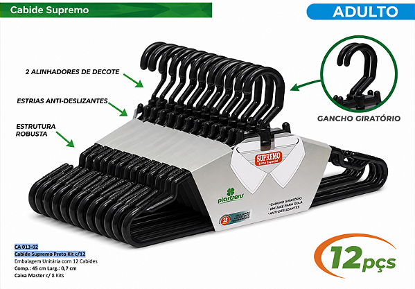 Cabide Cavado Grosso Giratório Preto Kit com 12 Unidades