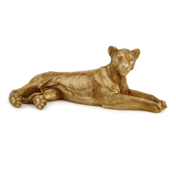 Escultura Dourada Leoa Repousando em Polirresina (17525) | Decoração