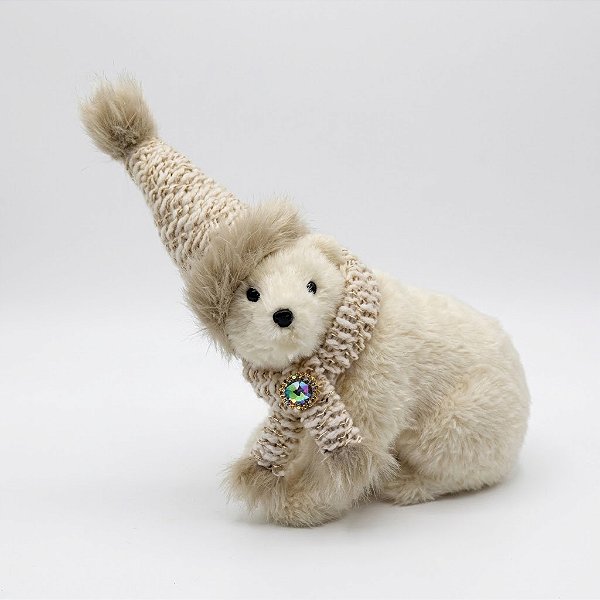 Urso Sentado e com Broche Decorativo de Natal Branco 25cm (BC2551)