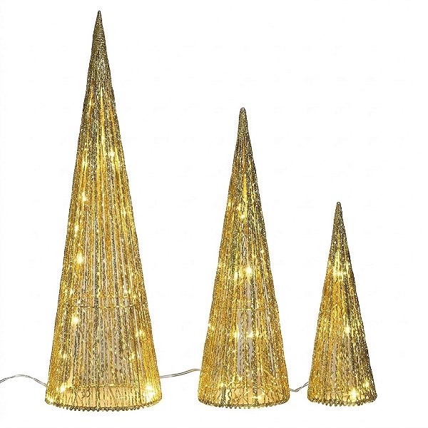 Árvores Cone de Natal com LED Douradas 31, 46 e 61 cm | Jogo com 3 Peças (DG2538) |