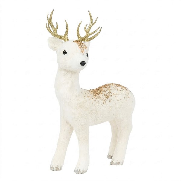 Rena Decorativa em Pé com Glitter Branco e Dourado 36 cm (VI303) | Decoração