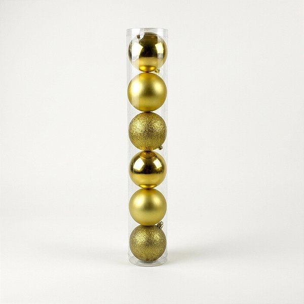 Jogo Tubo 6 Bolas 7cm Ouro de Natal Brilho, Fosco e com Glitter (BM921) | Decoração