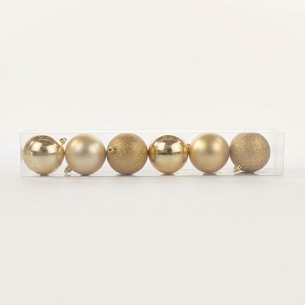 Jogo Tubo 6 Bolas 10cm Champagne de Natal Brilho, Fosco e com Glitter (BM937) | Decoração