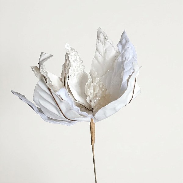 Flor de Poinsétia Artificial Branca com Pérolas e Glitter 27cm (FL3288) | Decoração