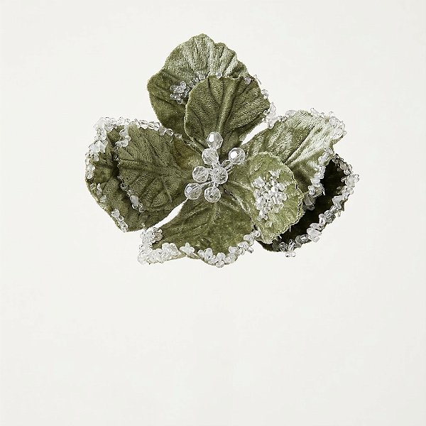 Flor de Poinsétia Artificial Aveludada Verde com Cristais e Pérolas 18cm (85292005)