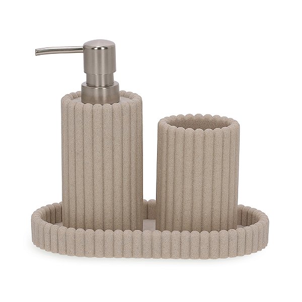 Kit para Banheiro em Polirresina Bege Canelado 3 Peças (19195) | Decoração