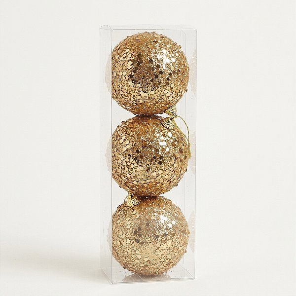 Bola Decorada Dourada com Paetês e Glitter 10cm com 3 Peças (BD2556)