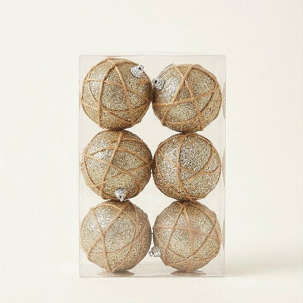 Kit de Bolas Decoradas com Glitter e Corda Trançada 6cm com 6 Peças (15569)