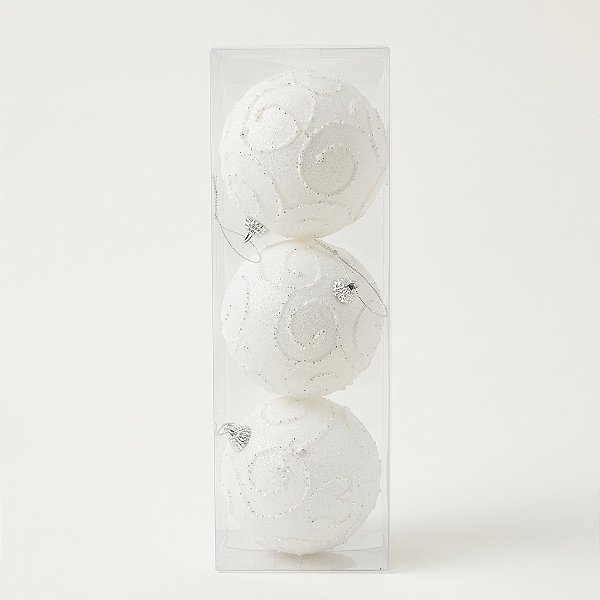 Bola Decorada Branca com Glitter e Arabescos 10cm com 3 Peças (BD4502)