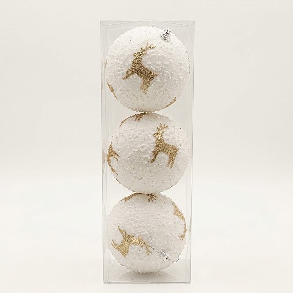 Bola Decorada Branca Texturizada com Rena Dourada 10cm com 3 Peças (BD4596)