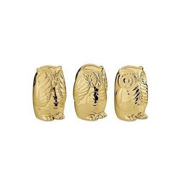 08650 - Kit Coruja Dourada em Cerâmica - 3 Pçs
