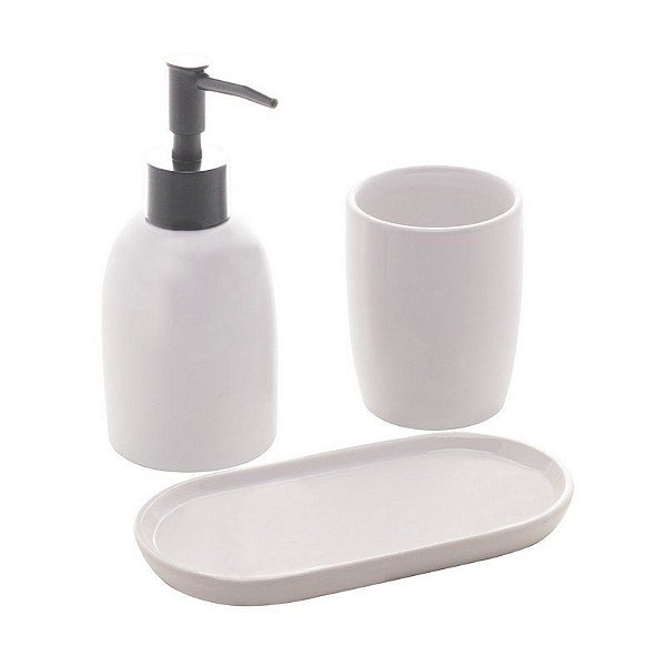 Conjunto 3 Pçs Para Banheiro De Cerâmica Londres Branco E Prateado