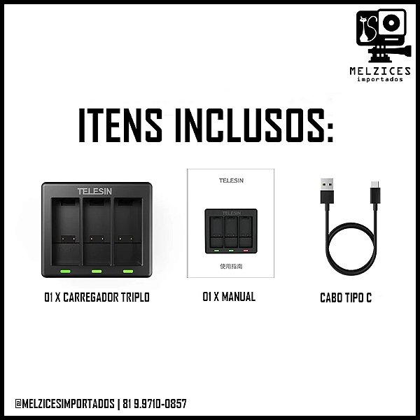 Telesin Carregador Triplo De Bateria Para GoPro Hero 9/10/11/12 Black