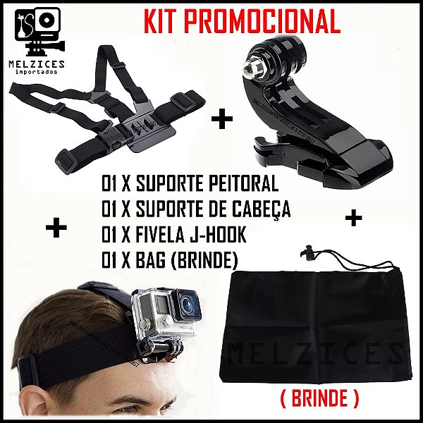 Kit Suportes Cinta Cabeça + Peitoral + J + bRINDE para GoPro e Similares