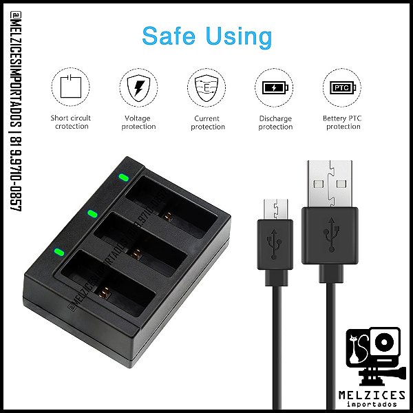USB Carregador Triplo de Bateria GoPro 2018, 5, 6, 7 e 8 black