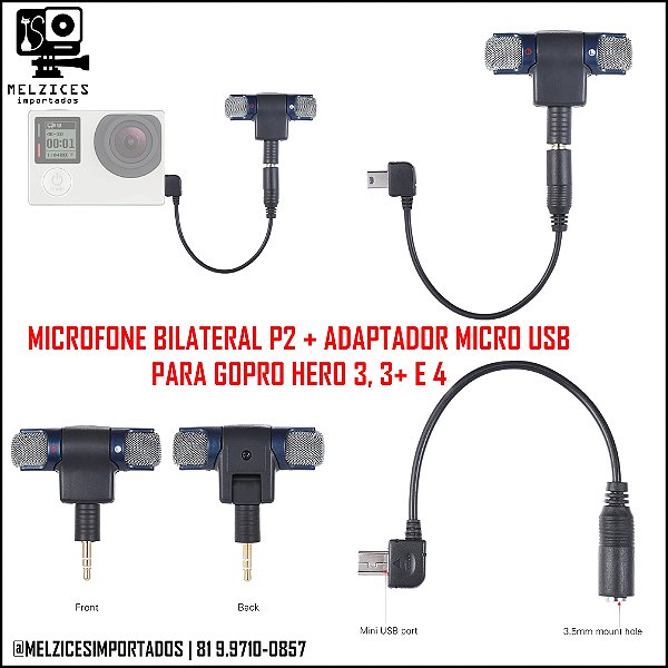 Microfone Estéreo Bilateral Articulado 3.5mm + Adaptador Para GoPro 3, 3+ e 4