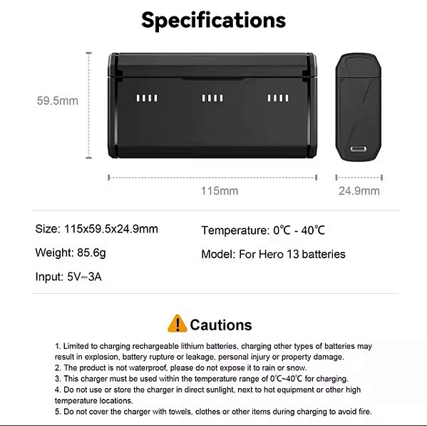 Carregador Usb Triplo de Bateria Telesin Para GoPro 13