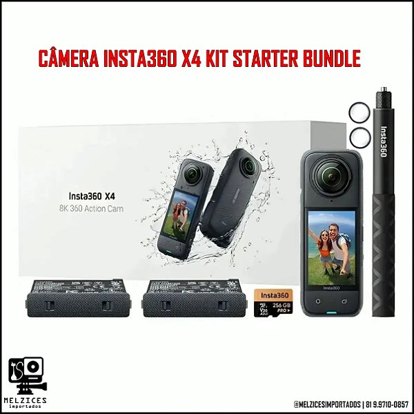 Câmera de Ação Insta360 X4 com KIT Starter Bundle ( Bateria + Cartão + Bastão + Proteção de Lentes )