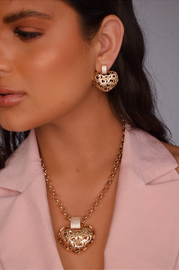 Colar e Brincos Luxo Formato Coração Vazado Banhado a Ouro 18k com Garantia