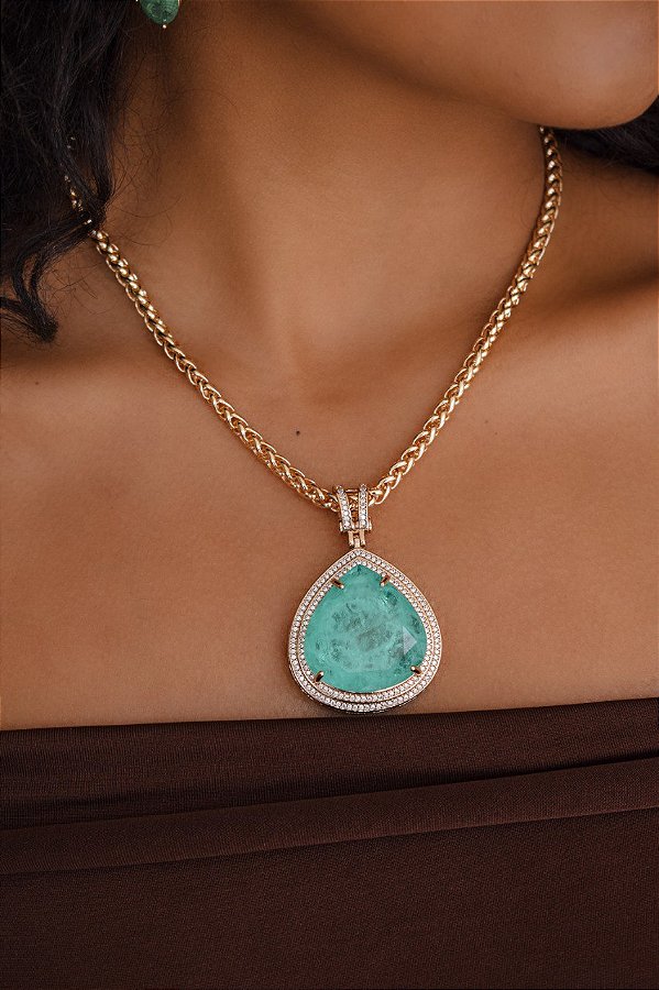 Colar com Pingente Gota Turmalina Fusion Banhado a Ouro com Micro cravação