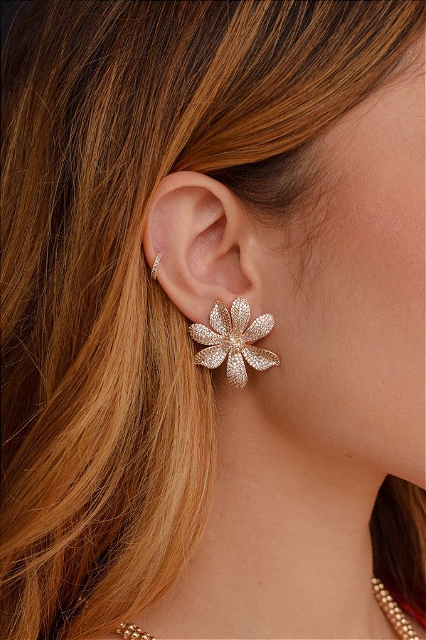 Brincos Flor Cravejada Ouro 18k Garantia Semijoia