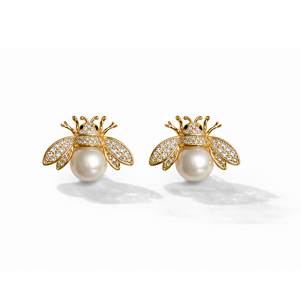 Brincos Abelha Cravejada e Pérola Alta Joalheria Banhado a Ouro 18k com Garantia