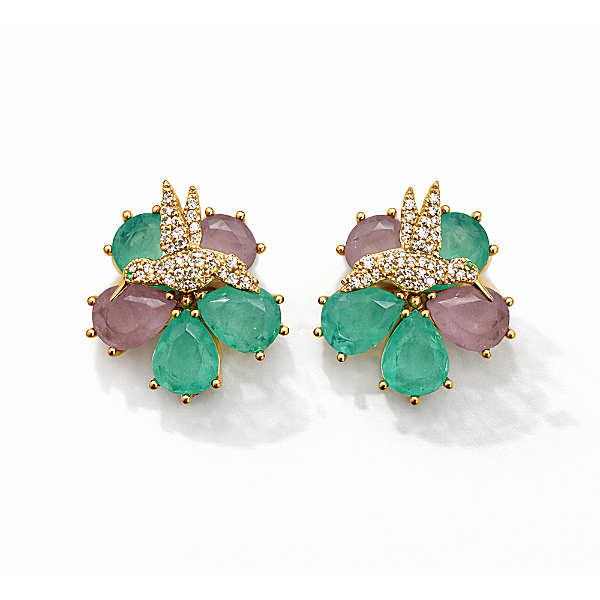 Brincos Beija Flor Cravejado em Flor Turmalina Fusion Luxo Banhado a Ouro 18k com Garantia