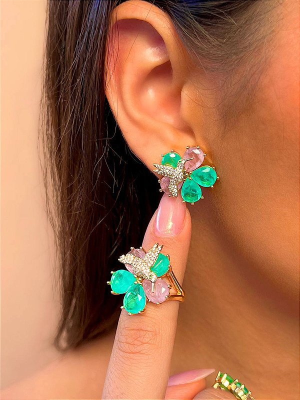 Brincos e Anel Beija Flor Cravejado em Flor Turmalina Fusion Luxo Banhado a Ouro 18k com Garantia