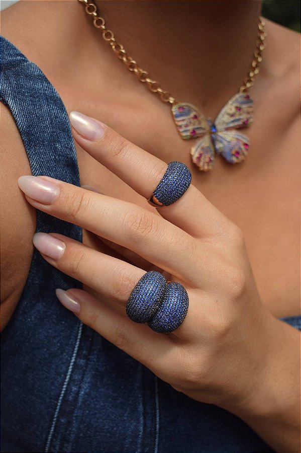 Anel Banho a Ouro 18k Cravejado Zircônia Azul com Garantia