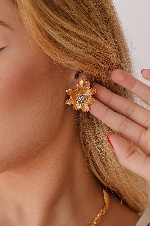 Brincos Flor Moderna Banho a Ouro 18k e Ródio Branco com Garantia