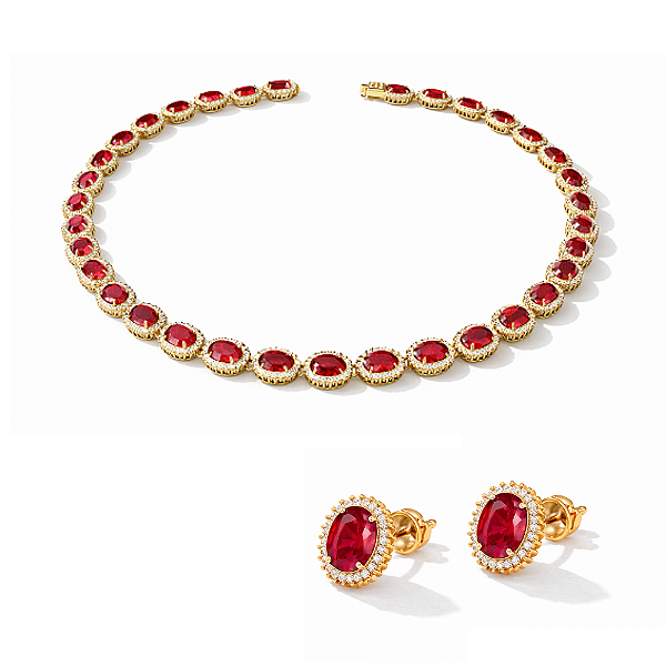 Colar Riviera Vermelha Cravejado e Brincos com Zircônia Banhado a Ouro com Garantia