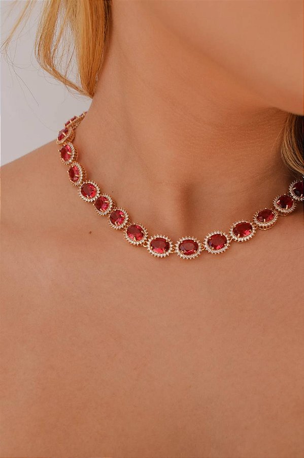 Colar Riviera Vermelha Cravejado com Zircônia Banhado a Ouro com Garantia