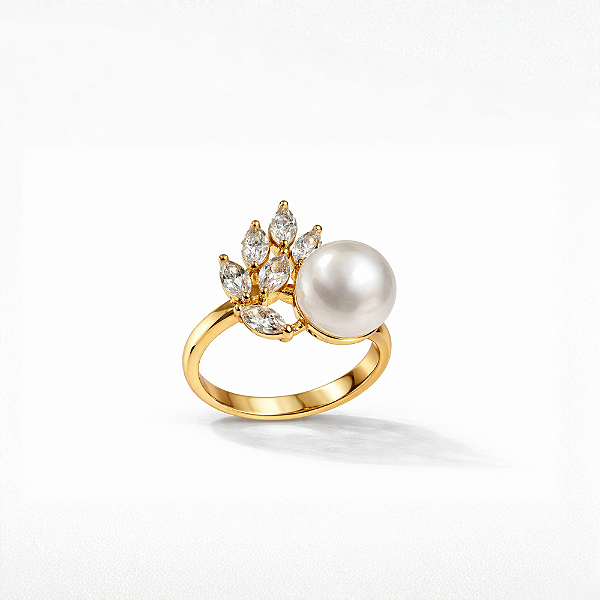 Anel de Pérola Aro 17 com Zircônias Banhado a Ouro 18k com Garantia