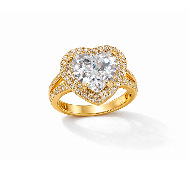 Anel Solitário Coração Aro 20 Cravejado Banhado a Ouro com Garantia