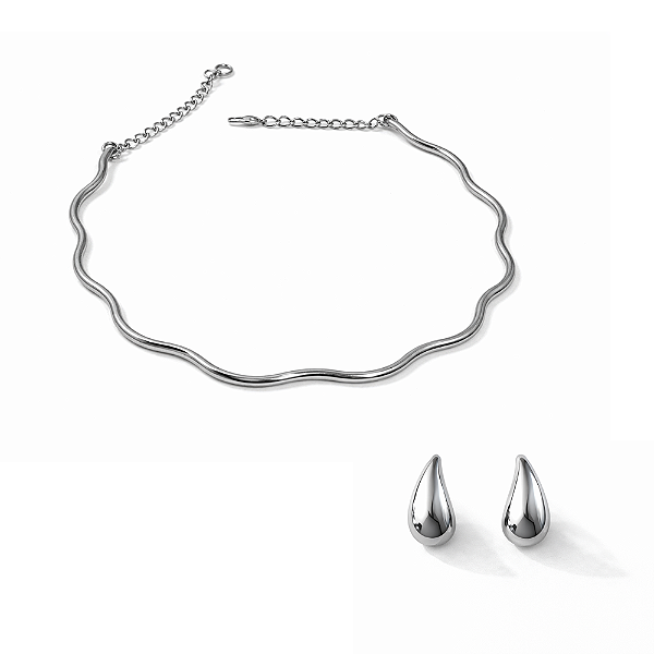 Colar Choker Aro e Brincos Gota em Ródio Branco Garantia Semijoia