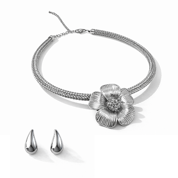 Colar Choker com Flor e Brincos Luxo Banhado a Ródio Branco Garantia Semijoia