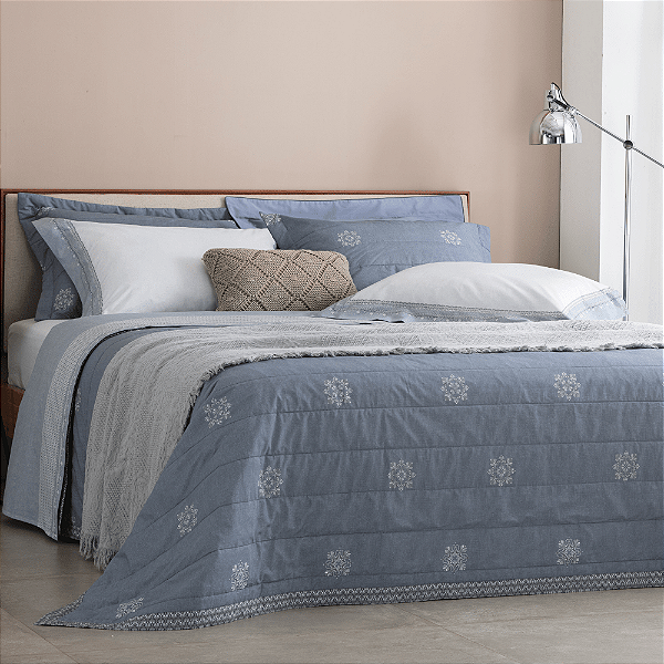 KIT COLCHA BUD ART DECO AZUL KING ESTAMPADO