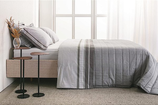 KIT COLCHA BUD B PERCALLE GRID CASAL 220/240 CINZA 3 PÇS