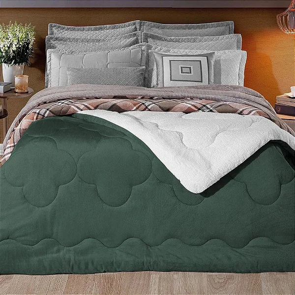 EDREDOM HDR PLUSH SHERPA LISO QUEEN 240X260 VERDE