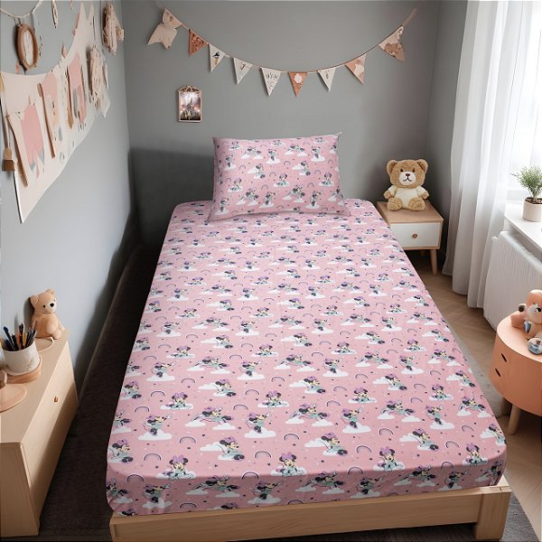 Jogo de Cama Portallar Disney Solteiro Estampado 2 peças Minnie Nuvem Rose