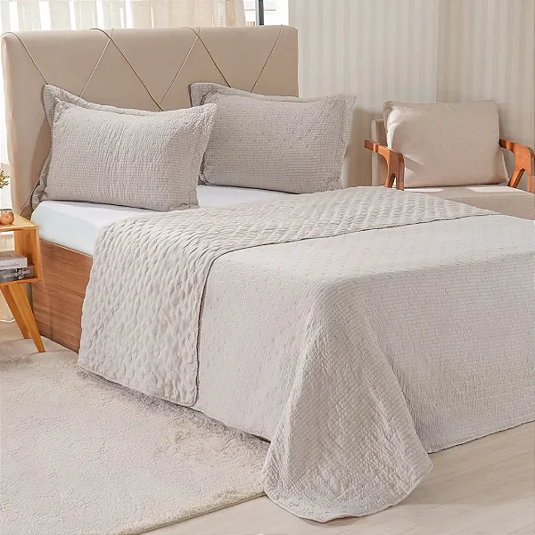 Kit Colcha Niazitex Plissê Casal Manteiga 3 Peças